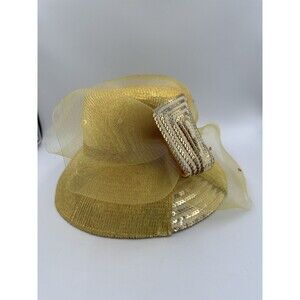 Vintage Gold Dress Hat | 1960s Formal Church Hat | Sequin Tulle Pillbox Style